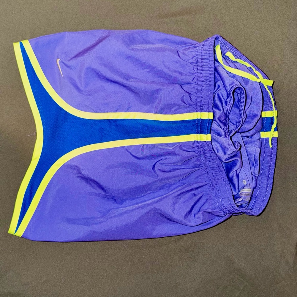 Nike Women’s Purple Athletic Shorts with Neon Yellow Trim - Picture 4 of 7
